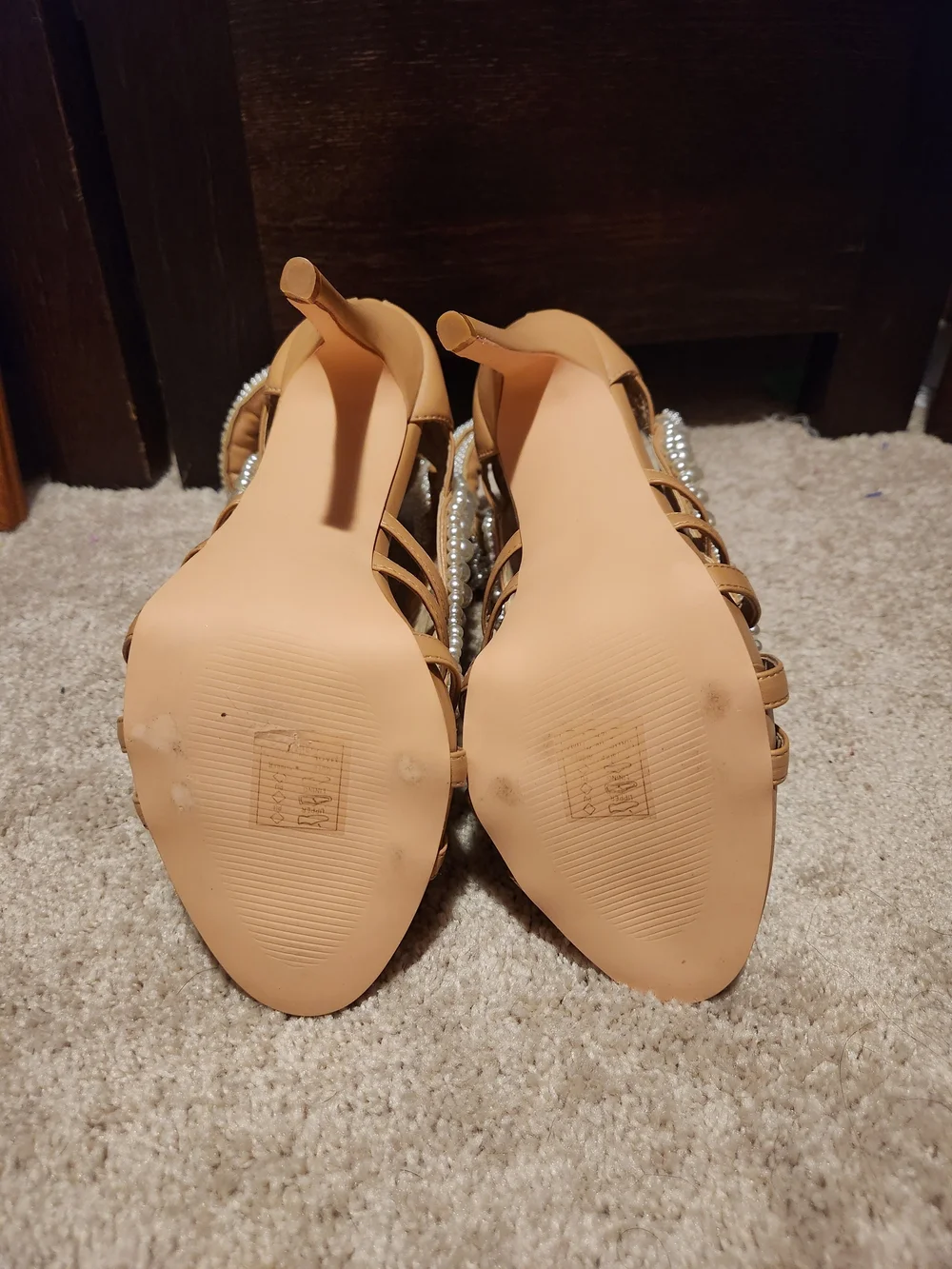 Azalea Wang Pearl-Embellished Tan High Heels - Picture 5 of 8